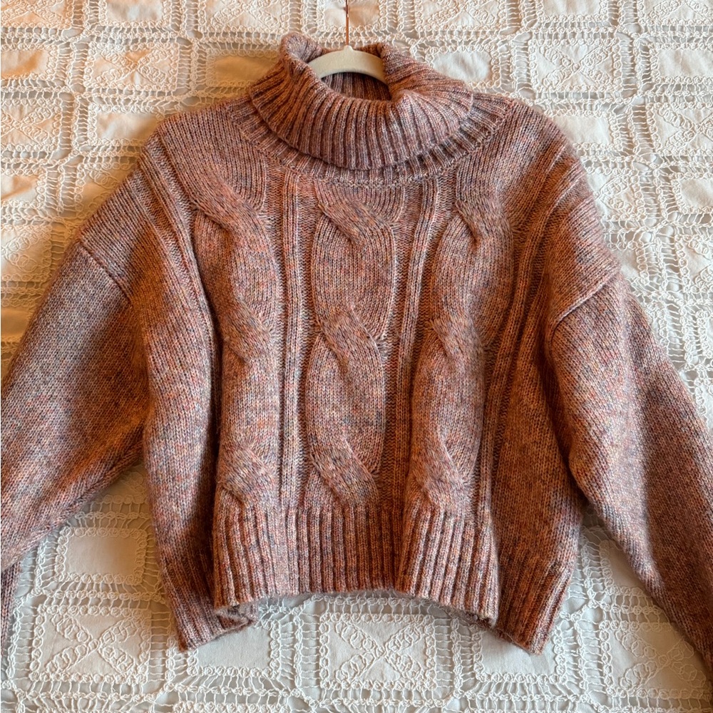 Cozy Cable Knit Turtleneck Sweater - Pink